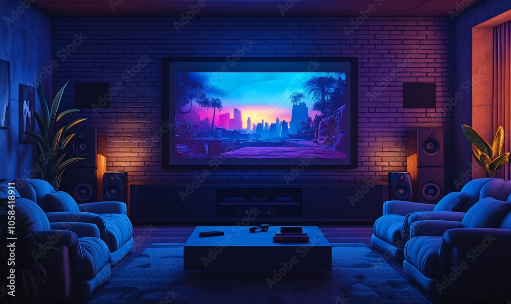 Poster a retro-styled home theater with a large screen, two armchairs, and a coffee table in front of it. t