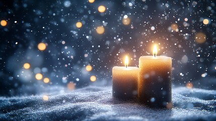 Two candles burning bright in the snow, creating a warm and cozy atmosphere perfect for a holiday card or winter themed design