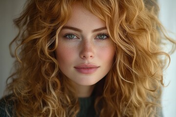 A woman with voluminous, curly blonde hair gazes confidently into the camera. Her hair