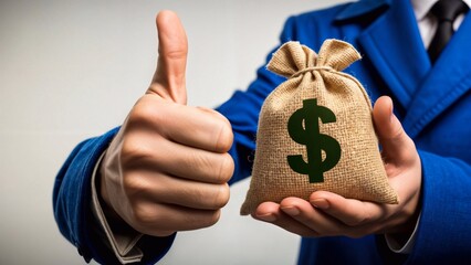 Thumbs up gesture in front of bag of money signifies positive financial sign.