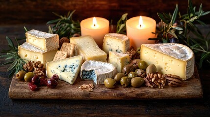 Cheese platter with assorted cheeses, nuts, olives, and candles on a wooden board.