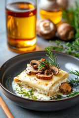 Savoring the elegance of white lasagna topped with gourmet mushrooms and drizzled with truffle oil