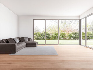 Modern living room with large windows offering a view of a serene garden
