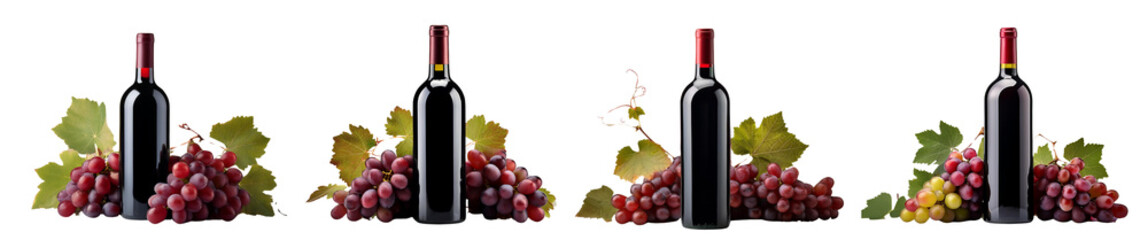 Group of red wine bottles with grapes, white isolate background