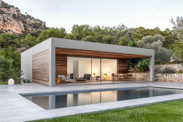 Modern architectural villa with pool nestled in a serene natural landscape in daytime