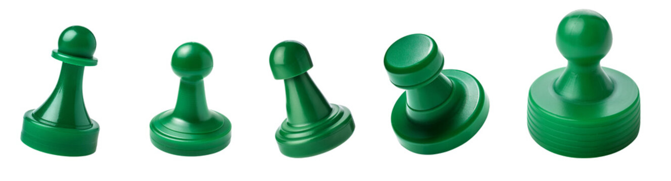 Set of green game pieces, isolated on white background for board games or tabletop gaming.