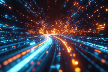 An abstract visualization of a digital data stream, with countless lines of code or data points