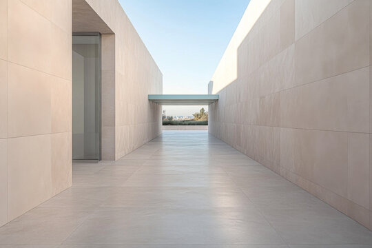 Modern minimalist architecture featuring a spacious corridor leading to a serene outdoor view