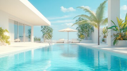 Fototapeta premium Relaxing at a Private Pool by the Beach in a Luxurious Hotel or Vacation Home, Perfect for a Calm and Rejuvenating Getaway