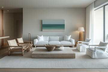 Modern living room featuring minimalist furniture with a serene coastal artwork on the wall