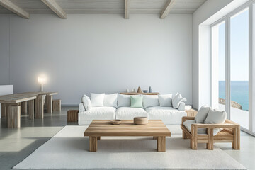 Obraz premium Modern coastal living room with white furniture and ocean view during daytime