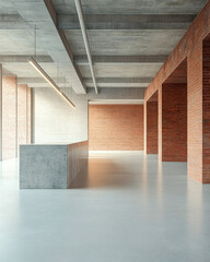 Obraz premium Modern minimalistic interior with concrete and brick elements in a spacious environment