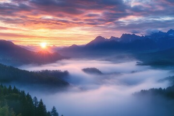 Obraz premium A panoramic view of a beautiful valley covered in a blanket of low-lying clouds, with mountain peaks rising above the mist, creating a mystical and enchanting landscape at dawn.