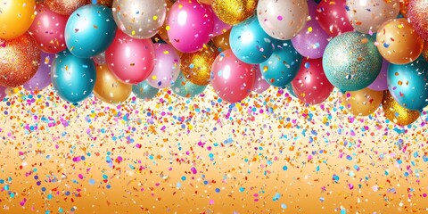 A lively festive backdrop filled with colorful balloons and scattered confetti creates an exciting atmosphere perfect for celebrations.