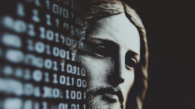 A close-up in a computer chip with the inscription "Jesus" on it.
