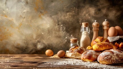 Front view of homemade bread baking ingredients on wooden table with copy space