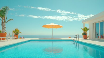 Fototapeta premium Relaxing at a Private Pool by the Beach in a Luxurious Hotel or Vacation Home, Perfect for a Calm and Rejuvenating Getaway