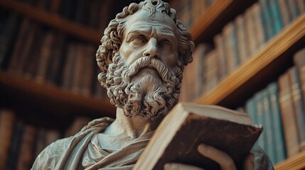 A person immersed in reading a book by Socrates, surrounded by tall shelves of ancient texts in a quiet library, evoking a sense of learning and contemplation