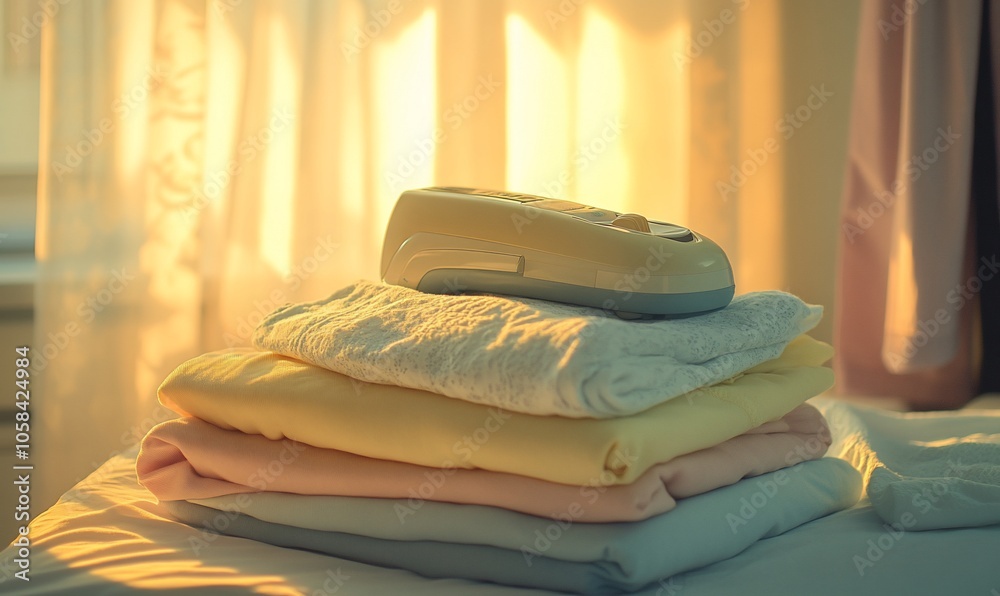 Poster A small handheld steamer sits on top of a stack of folded clothing, with a warm, golden light shining through the sheer curtains behind.