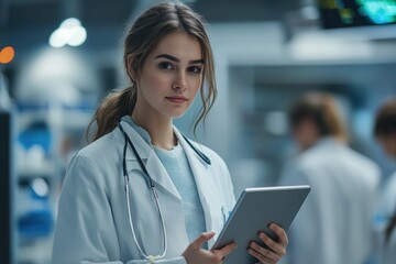 Portrait, girl doctor and tablet with team for collaboration on research project or clinical trial