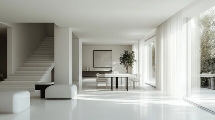 Fototapeta premium Modern, minimalist interior with natural light and greenery.