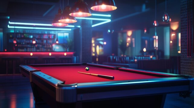 A red pool table with a pool ball on it