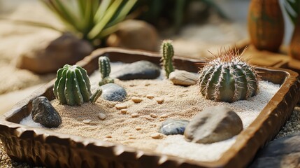 Close-up of dry tray garden with cactus, decorative sand, and stones, blending rustic elements with zen