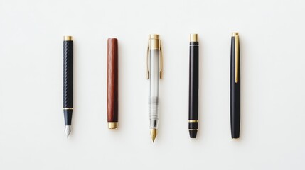 Fototapeta premium A collection of elegant pens arranged in a row on a white background, showcasing different styles and materials for writing enthusiasts.