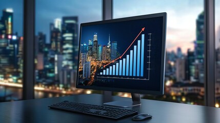 Finance goals displayed as a progress bar on a modern monitor, with vibrant cityscape in the background, representing clear, achievable financial milestones