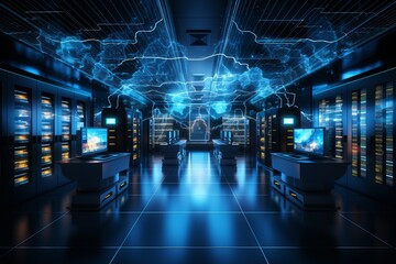 High-tech data center with illuminated servers and holographic projections of network maps