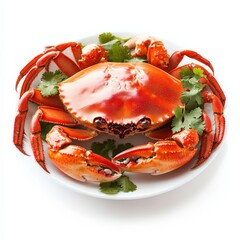 Close-up of a cooked crab on a white plate, garnished with fresh herbs, showcasing culinary presentation and seafood delicacy.