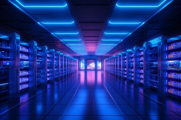Futuristic server room illuminated by vibrant blue and purple LED lights in a modern data center