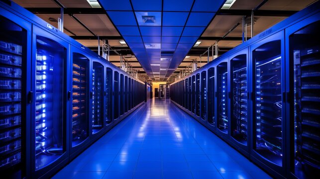 High-tech server room with glowing blue lights showcasing advanced data storage technology