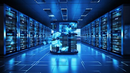 Modern data center with advanced technology in a futuristic environment featuring glowing servers
