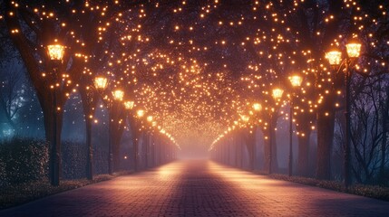 A misty path lined with trees adorned with twinkling lights creating a magical, romantic atmosphere.