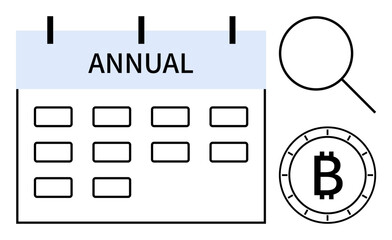 Annual calendar with highlighted dates, magnifying glass, and Bitcoin symbol. Ideal for financial planning, events, scheduling, cryptocurrency analysis, market trends, business strategy, and digital