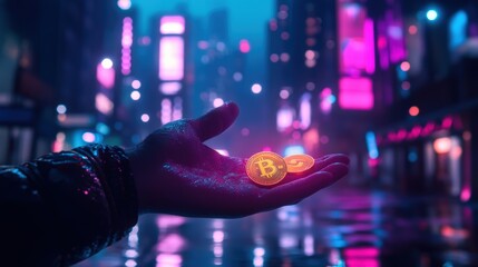 Hand Holding Cryptocurrency Coin in Futuristic Cityscape