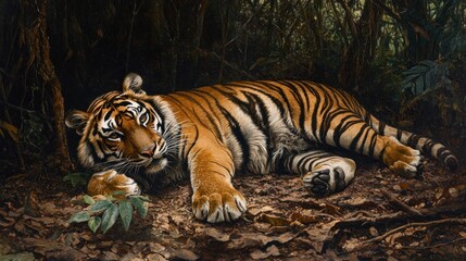 A majestic tiger lies in repose amidst the lush foliage of a dense jungle.