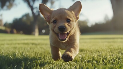 Playful Puppy Running Across Lush Green Grass