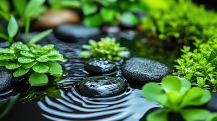 Close-up of wet tray garden with smooth stones, water ripples, and lush greenery, capturing a tranquil scene