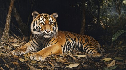A majestic tiger lies in wait in a dark forest, its stripes camouflaged against the fallen leaves.