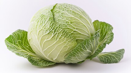 Fototapeta premium Fresh green cabbage with crisp leaves isolated on white background, showcasing its vibrant texture and natural beauty, perfect for cooking.