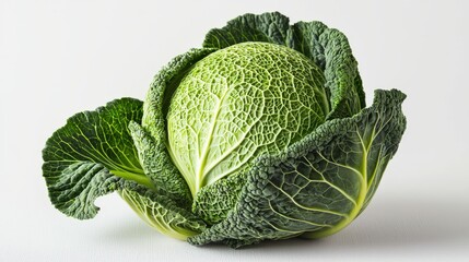 Fototapeta premium Fresh green cabbage with textured leaves, showcasing its natural beauty and healthy appeal on a white background.