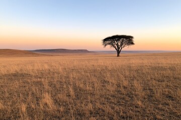 acacia tree, savanna landscape, sunset