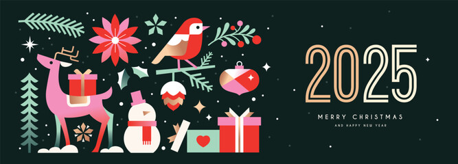 Naklejka premium Merry Christmas and Happy New Year background, banner, poster design with trendy flat style illustration.