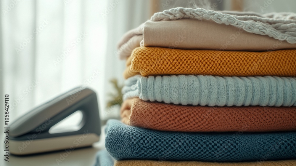 Poster A stack of folded clothes with a handheld garment steamer in the foreground.