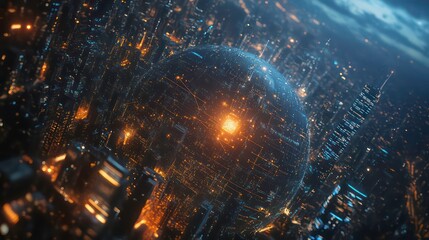 A futuristic cityscape featuring a glowing spherical structure amidst skyscrapers.