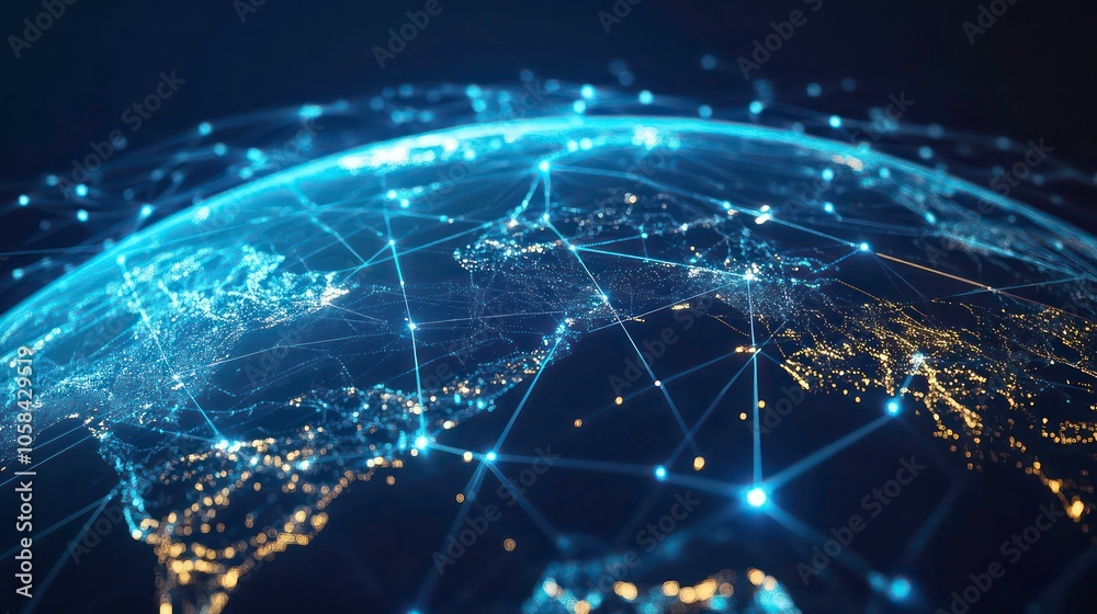 Poster global network concept with continents linked by lines, ambient blue light, representing a worldwide