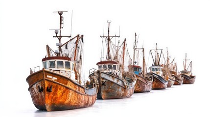 Row of vintage fishing boats with rusted hulls lined up on a white background, showcasing maritime history and rustic charm.