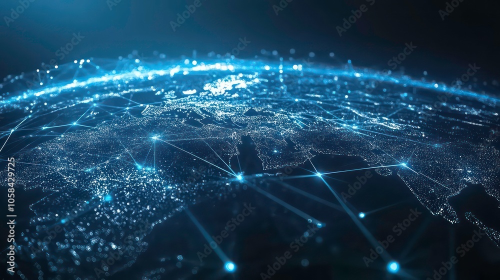 Poster A digital representation of Earth showcasing interconnected networks and data flow.